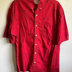 Men’s Red With Beaver Print Duluth Trading Company Short Sleeve Button Up Size L